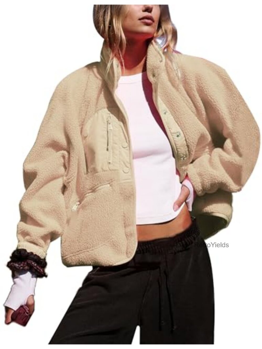 Women's Cropped Sherpa Lined Fleece Jacket Button Down Fuzzy Shacket